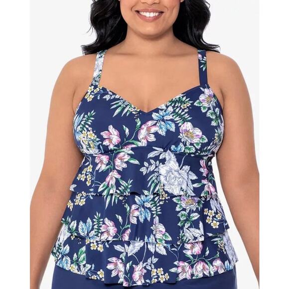 Swim Solutions Natures Charm Navy Triple Tier Tankini Top 18W NWT - Picture 1 of 4